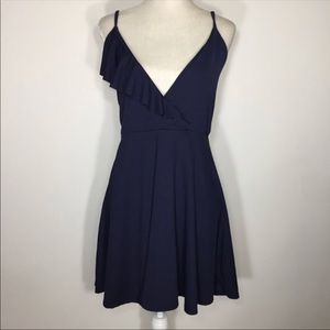 Navy fit and flare ruffle dress
